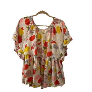 Womens Floral Cream Orange Yellow Ruffle Short Sleeve Top Size XL Linen Blend